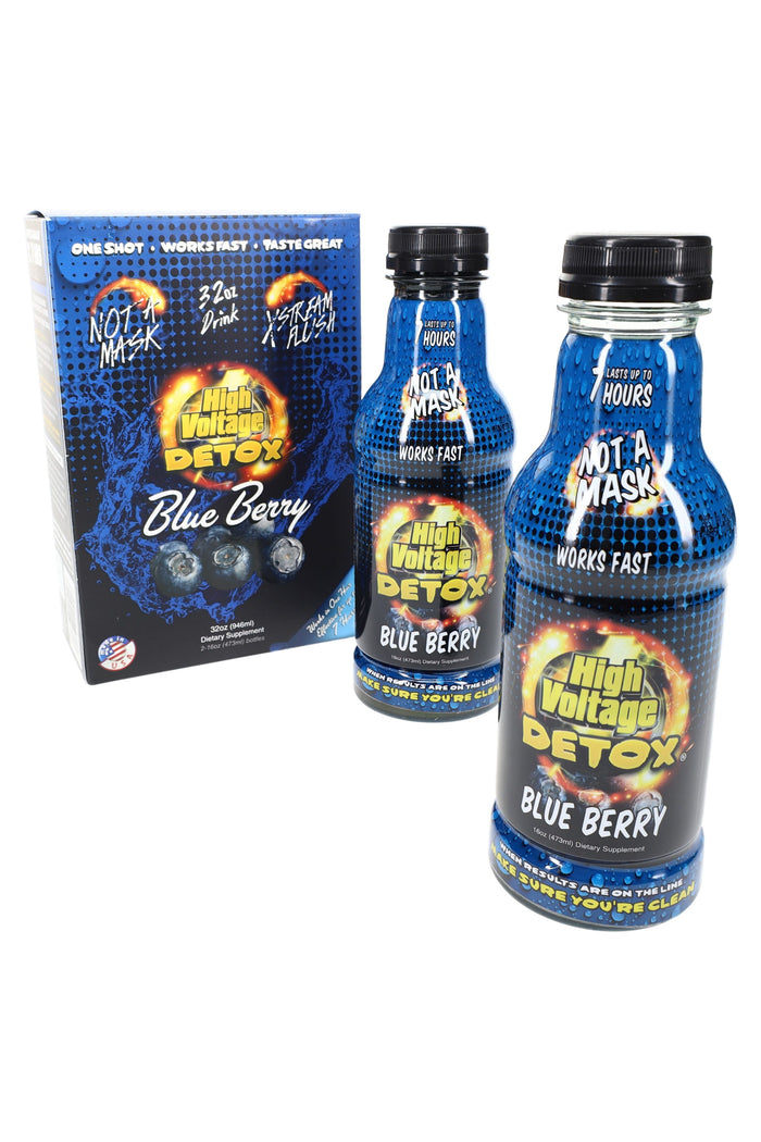 High Voltage Detox 32 oz Blue Berry kit with two 16 oz bottles and box, labeled “Not a Mask” and “Works Fast” for a simple cleanse routine.