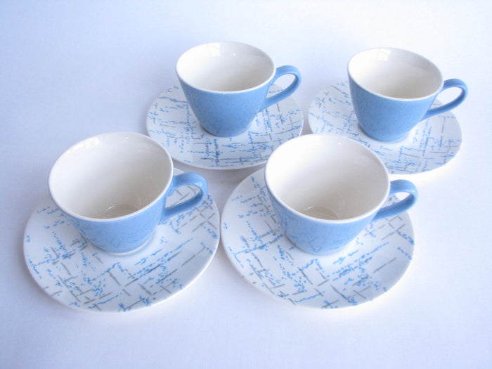 edgebrookhouse - Homer Laughlin Blue and Gray Hatch Cups and Saucers - Set of 4