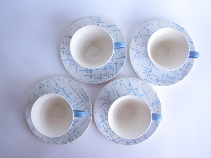 edgebrookhouse - Homer Laughlin Blue and Gray Hatch Cups and Saucers - Set of 4