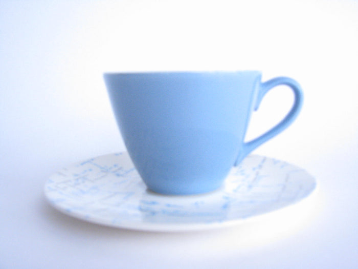edgebrookhouse - Homer Laughlin Blue and Gray Hatch Cups and Saucers - Set of 4
