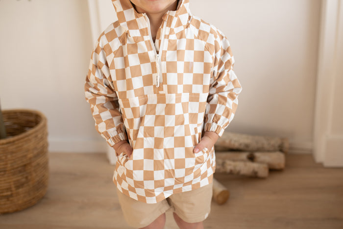 Kid's Tan Checkered Half-Zip Pullover