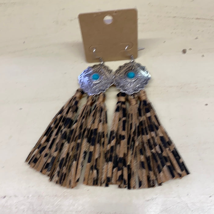 LONG LEATHER W/STONE EARRINGS