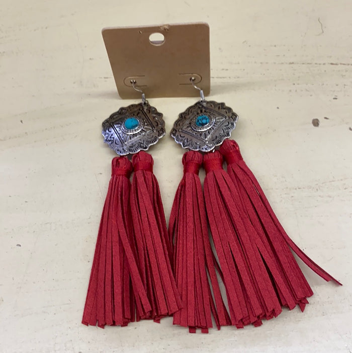 LONG LEATHER W/STONE EARRINGS