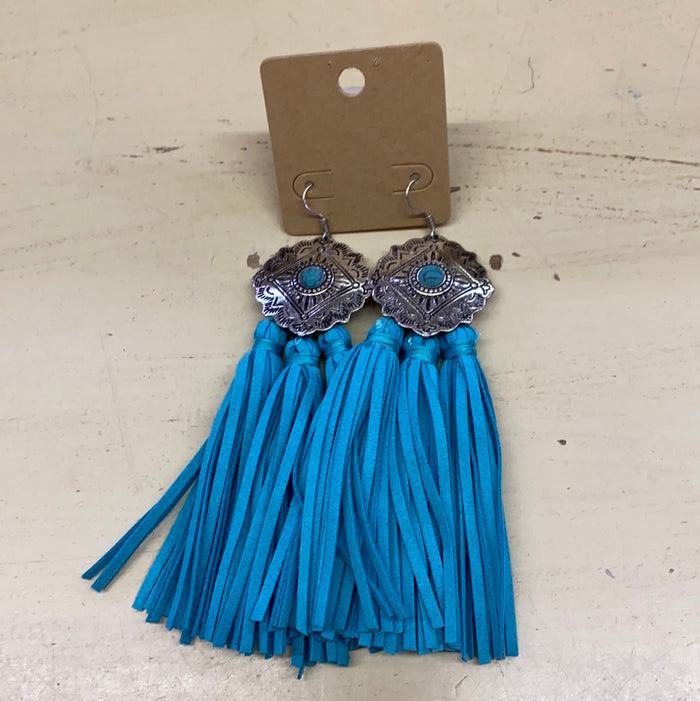 LONG LEATHER W/STONE EARRINGS