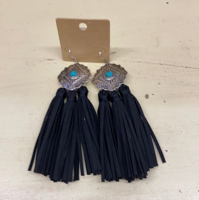 LONG LEATHER W/STONE EARRINGS