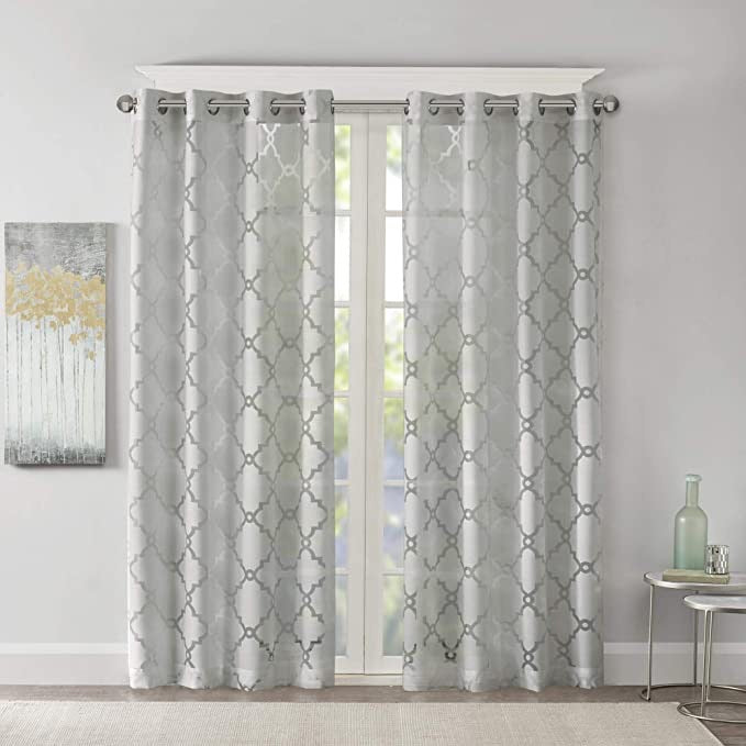 Madison Park Eden 50”x95” Fretwork Burnout Sheer Curtain Panel, Grey