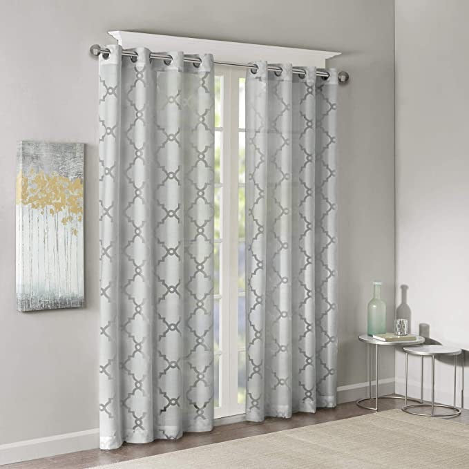 Madison Park Eden 50”x95” Fretwork Burnout Sheer Curtain Panel, Grey