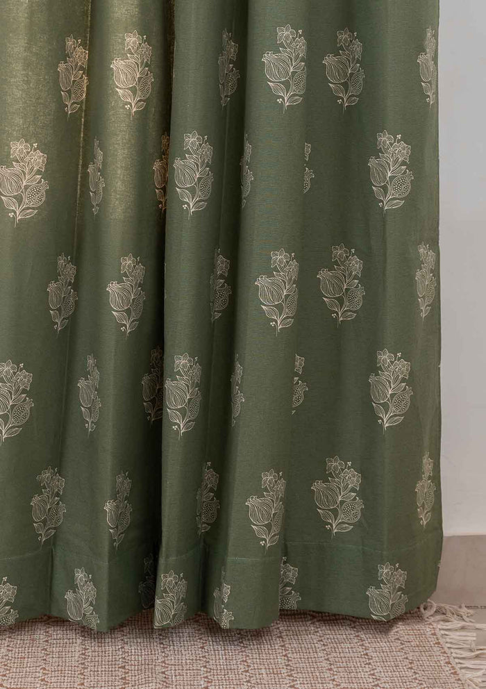Malabar Printed 100% cotton ethnic curtain for living room & Bedroom - Room darkening - Pepper Green - Single Piece