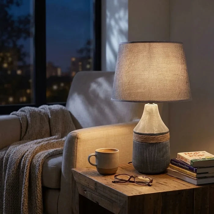 Modern Minimalist Table Lamp E27 Fabric Shade Ceramic Base ~5160
