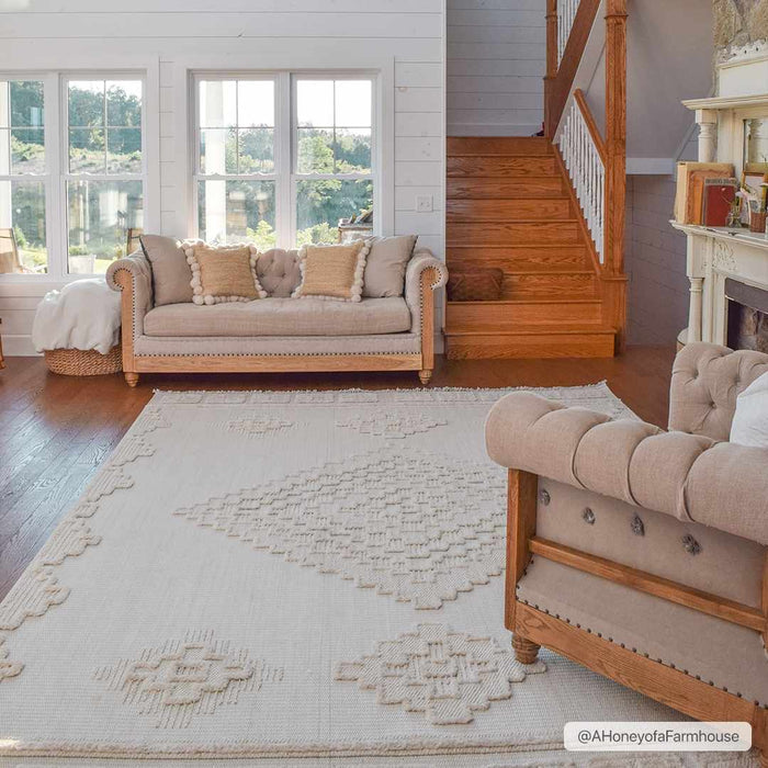 Moroccan Bohemian Chic Style Ivory and Beige High & Low Pile Area Rug - The Rug Decor