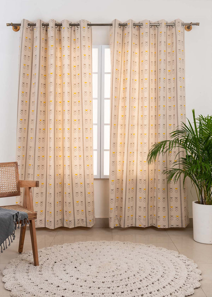 Mudline Printed 100% cotton ethnic curtain for living room - Room darkening - Mustard - Single Piece