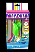 Close-up of Neon Vibes “The Ecstasy Vibe” package showing green silicone body, unique multi-use shape, 10 functions, USB rechargeable.