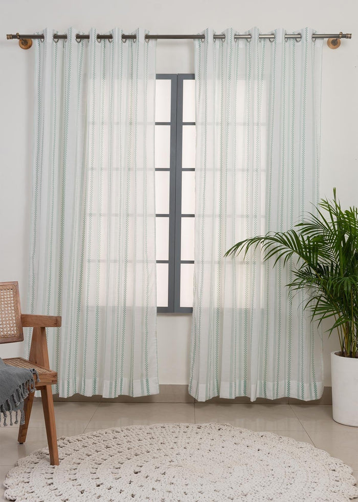 Picket Fence Sage Green 100% Cotton Sheer Geometric curtain for Living room & bedroom - Light filtering - Single Piece