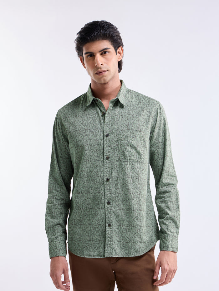 Printed Slim Fit Shirt - Olive t4option_1