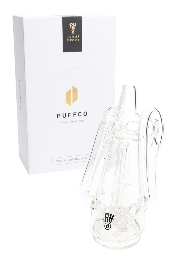Clear Ryan Fitt Recycler Glass 2.0 attachment beside Puffco Special Edition box, compatible with Peak and Peak Pro devices.