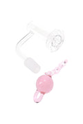 Side view of quartz terp slurper banger, 14.5 mm male; includes 22 mm ball and chain for active airflow; works only with matching female joints.