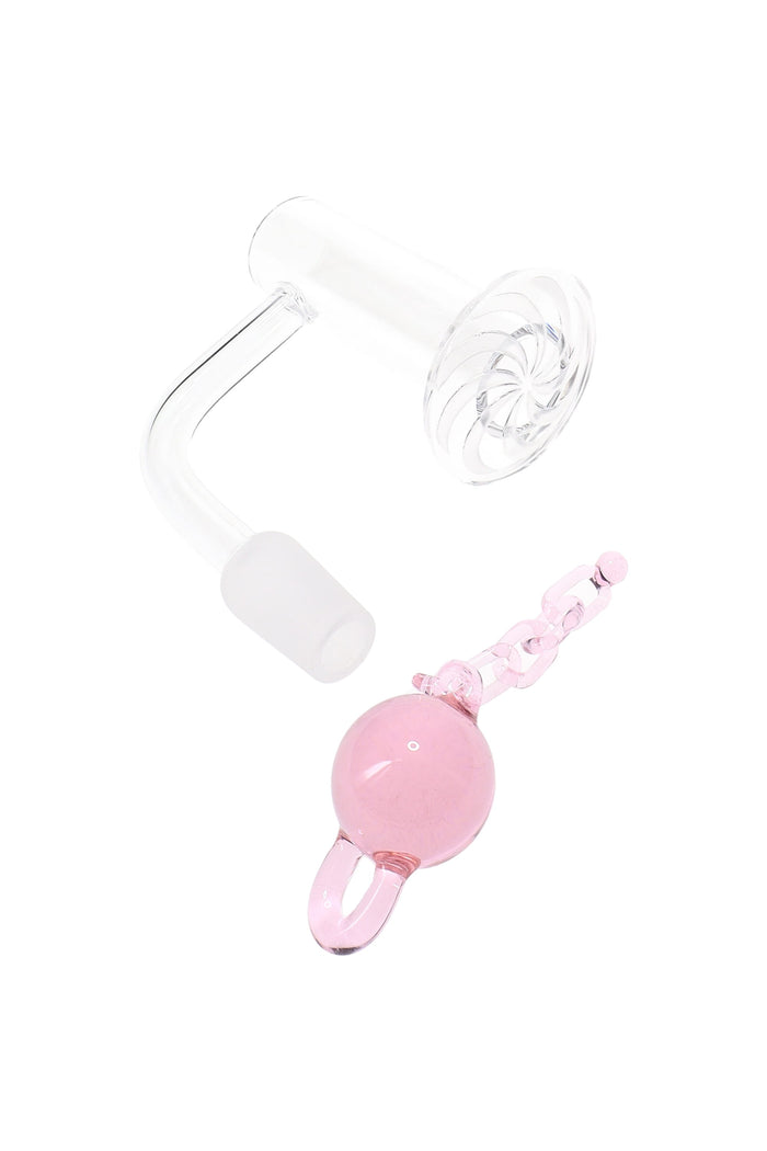 Side view of quartz terp slurper banger, 14.5 mm male; includes 22 mm ball and chain for active airflow; works only with matching female joints.