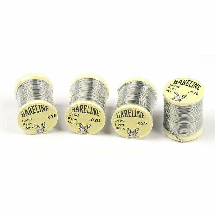 Row of Hareline Lead Free Wire spools .015-.035 silver