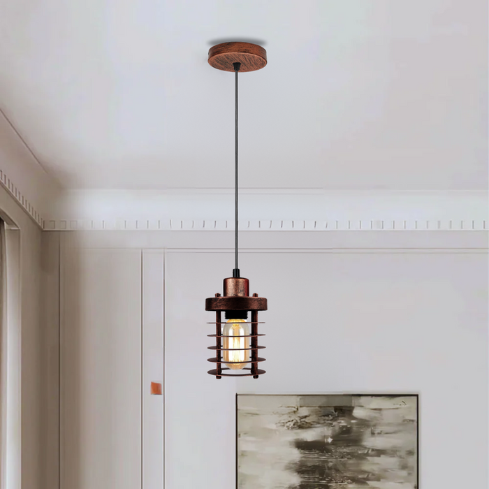 Rustic Red Cage Pendant Light – Modern Retro Design with Round Base ~4036