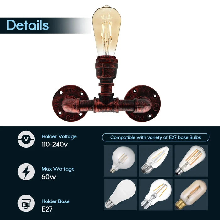 Steampunk E27 Rustic Red Water Pipe Wall Sconce