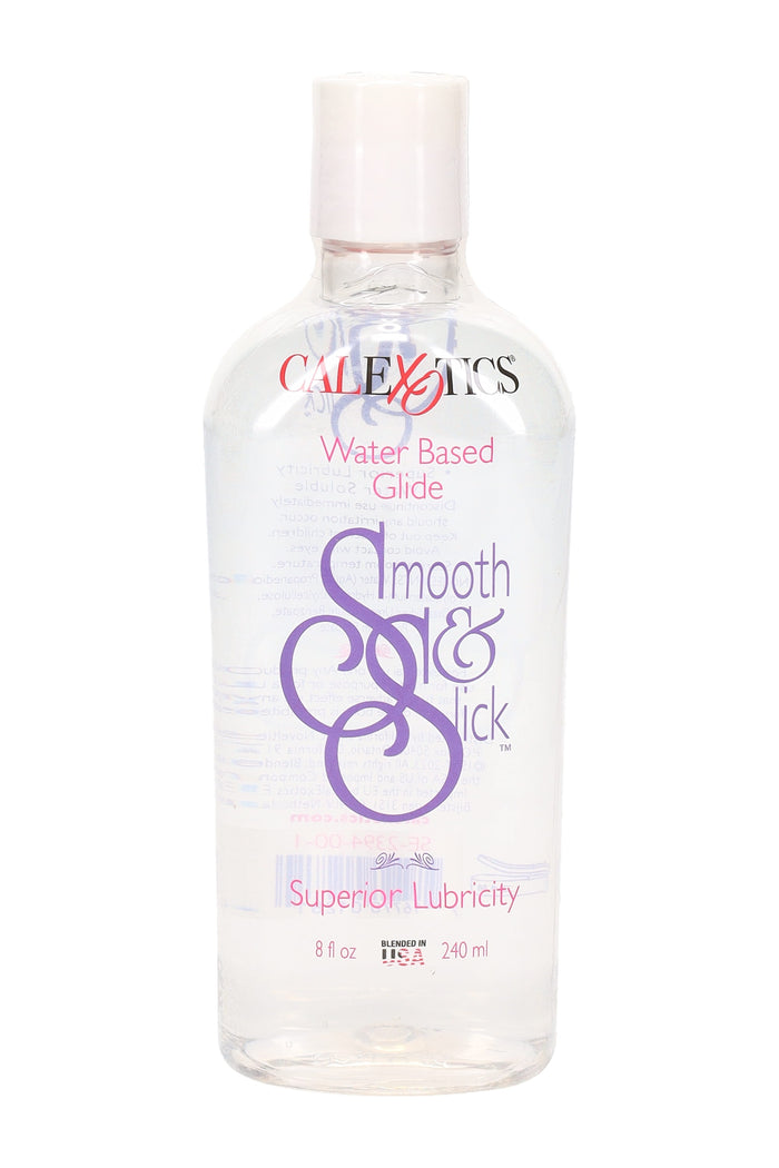 Smooth & Slick water-based personal lubricant bottle front label, 8 fl oz clear bottle with white cap