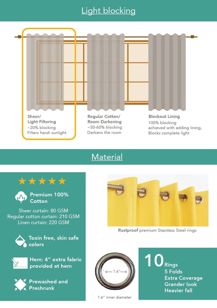 Solid Turmeric yellow sheer 100% cotton plain curtain for Living room & bedroom - Light filtering - Single Piece