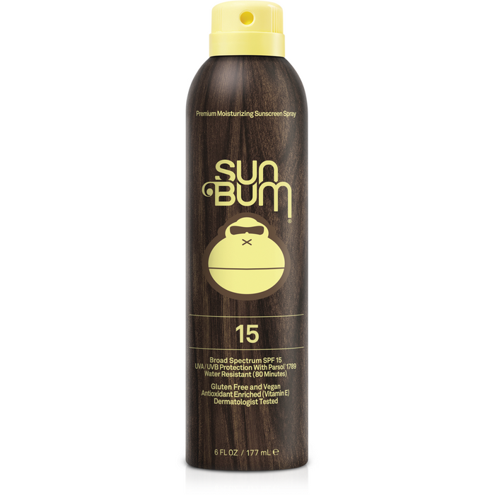 Sun Bum Original SPF 15 Sunscreen Spray with wood grain design and yellow cap