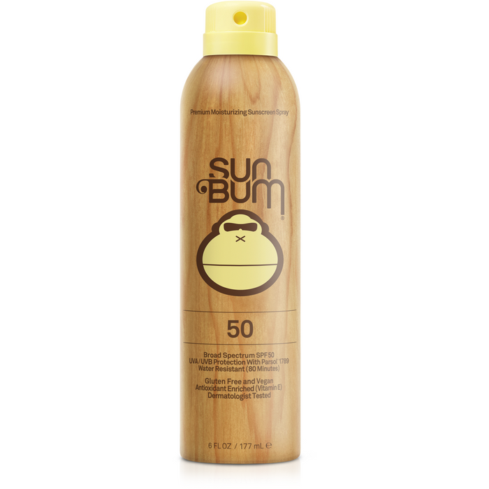 Sun Bum Original SPF 50 sunscreen spray can with wood grain finish and monkey logo