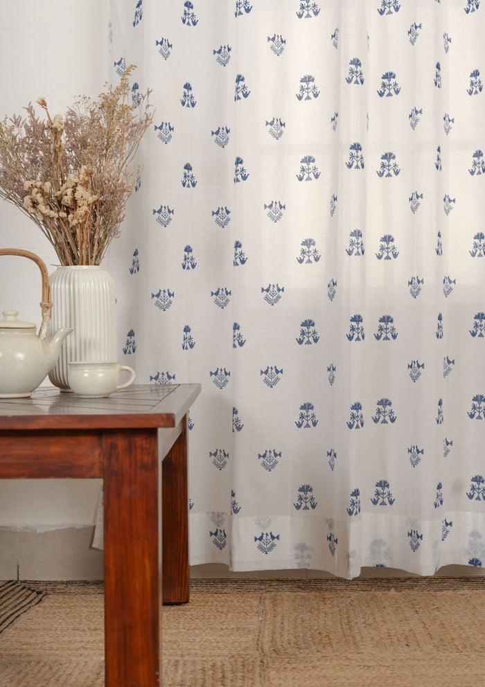 Sunbird 100% cotton floral sheer curtain for living room - Light filtering - Indigo - Single - Single Piece
