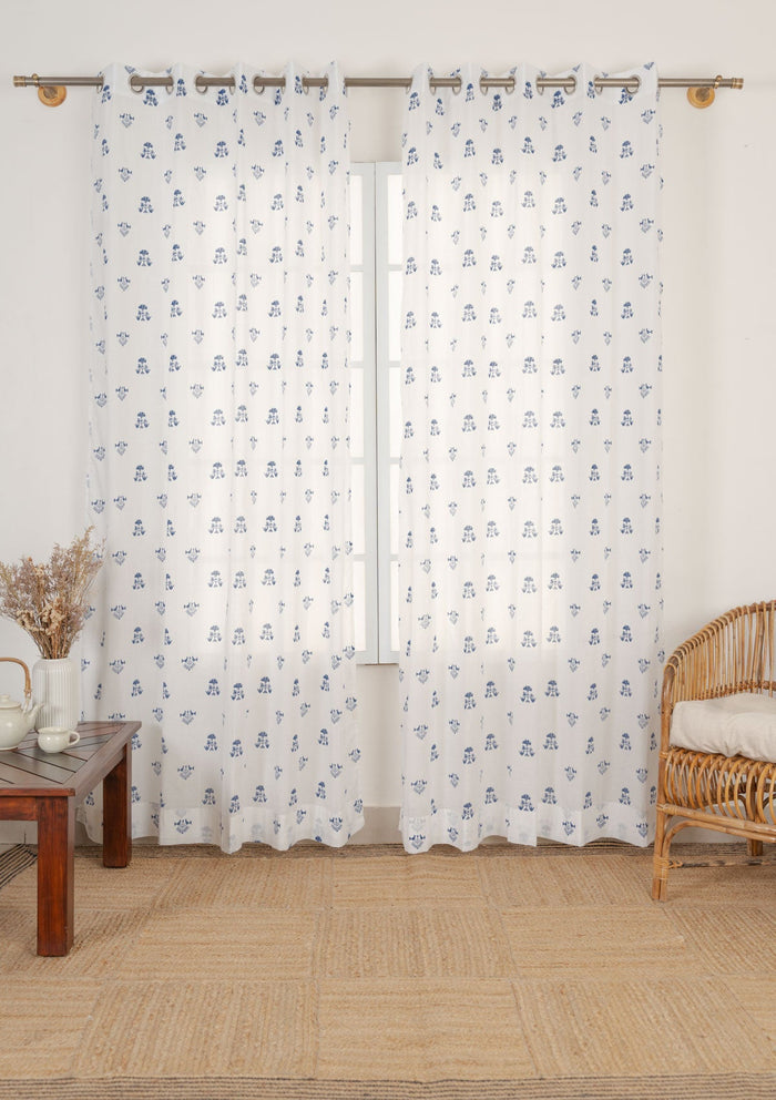 Sunbird 100% cotton floral sheer curtain for living room - Light filtering - Indigo - Single - Single Piece