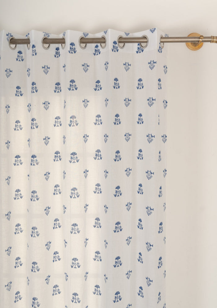 Sunbird 100% cotton floral sheer curtain for living room - Light filtering - Indigo - Single - Single Piece