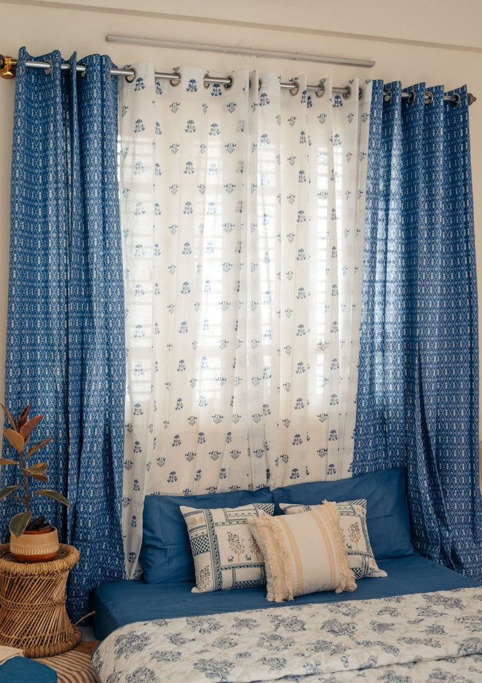 Sunbird 100% cotton floral sheer curtain for living room - Light filtering - Indigo - Single - Single Piece
