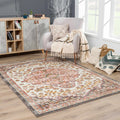 Traditional Peach, Ivory, Brown and Gold Medium Pile Medallion Design Area Rug - The Rug Decor