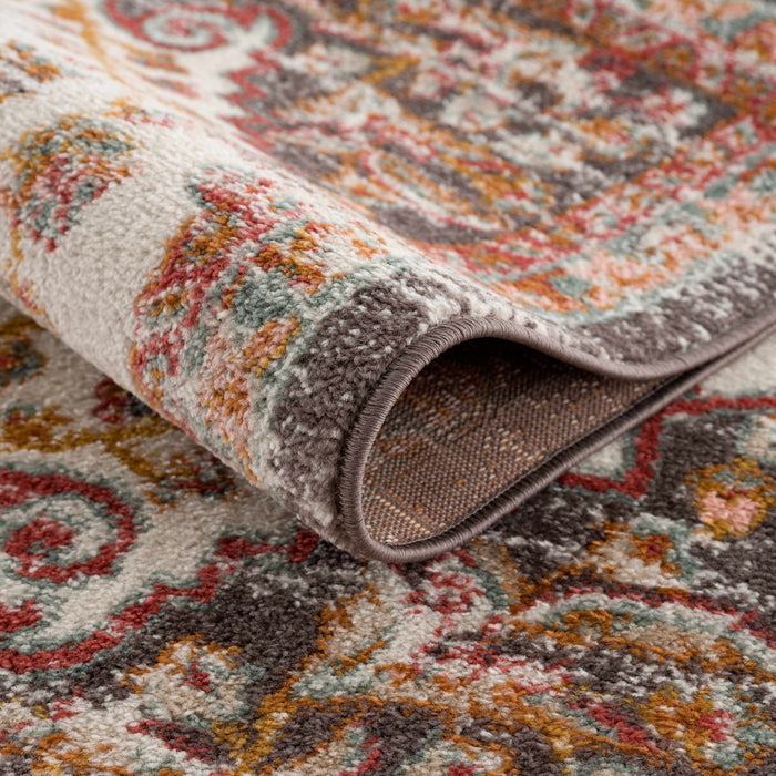 Traditional Peach, Ivory, Brown and Gold Medium Pile Medallion Design Area Rug - The Rug Decor