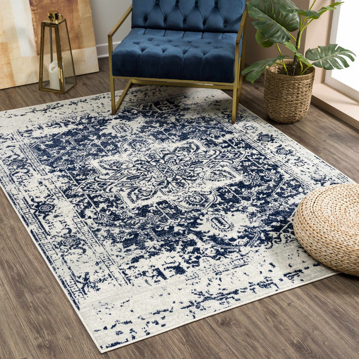 Transitional Heriz Design Blue and Beige Medallion Area Rug - The Rug Decor