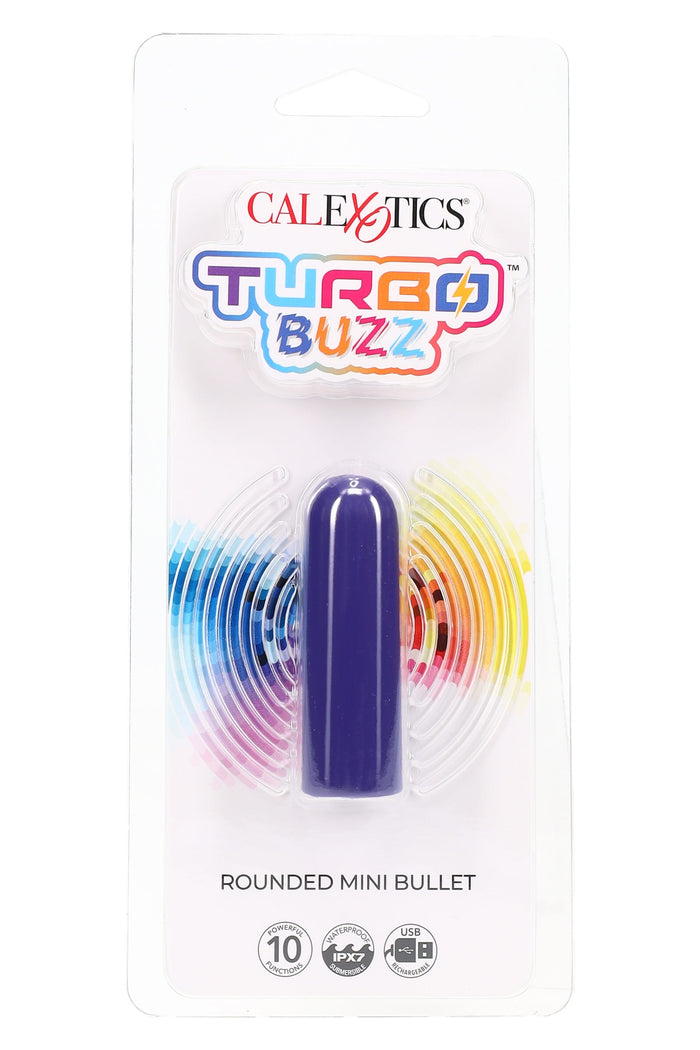 Purple Turbo Buzz rounded mini bullet vibrator in clear retail pack; USB rechargeable, 10 functions, IPX7 waterproof rating.