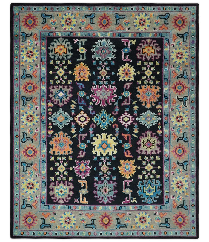 Vibrant Colorful Black, Beige, Purple and Blue Hand Knotted Traditional Oushak Custom Made wool Area Rug - The Rug Decor