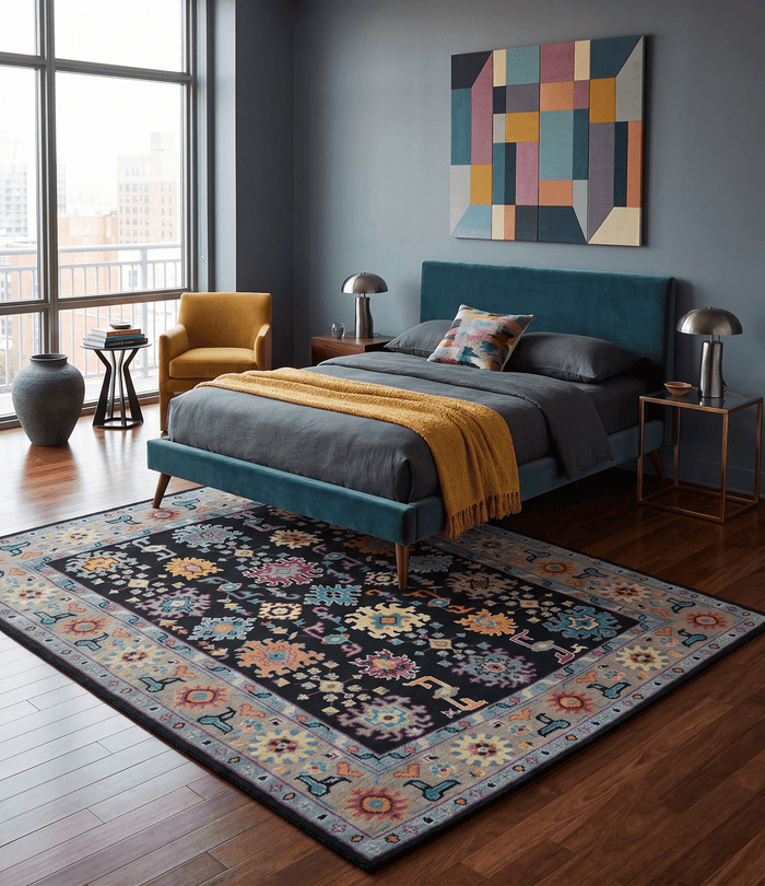 Vibrant Colorful Black, Beige, Purple and Blue Hand Knotted Traditional Oushak Custom Made wool Area Rug - The Rug Decor