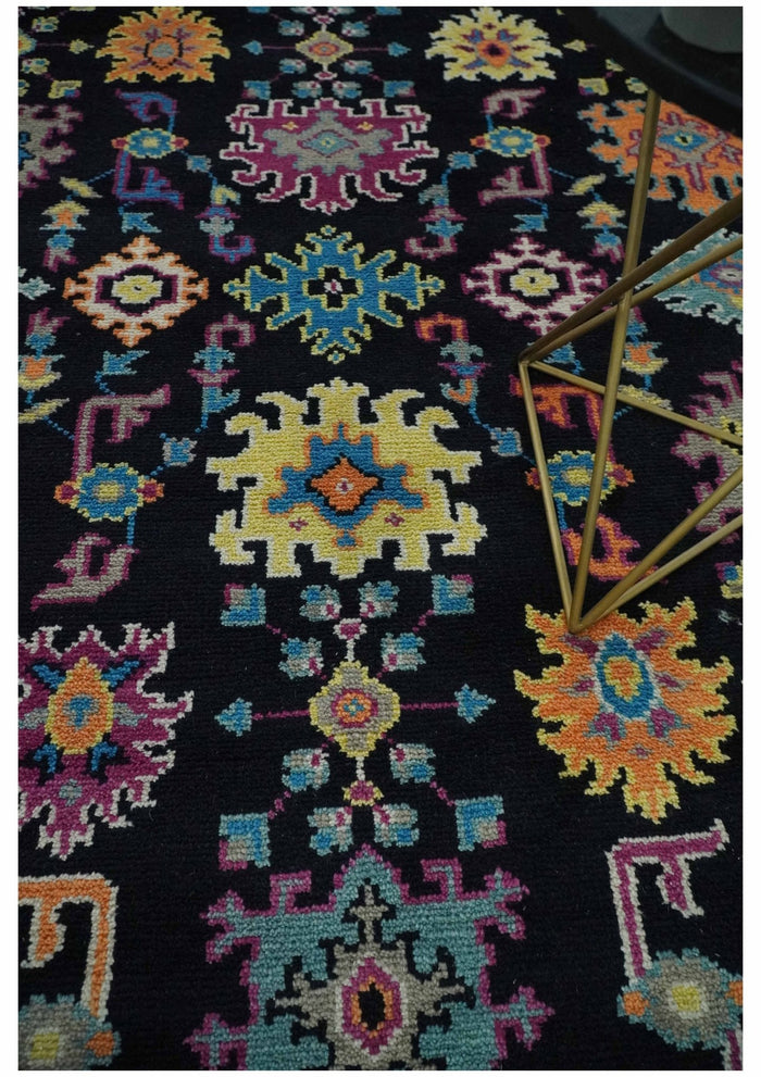 Vibrant Colorful Black, Beige, Purple and Blue Hand Knotted Traditional Oushak Custom Made wool Area Rug - The Rug Decor