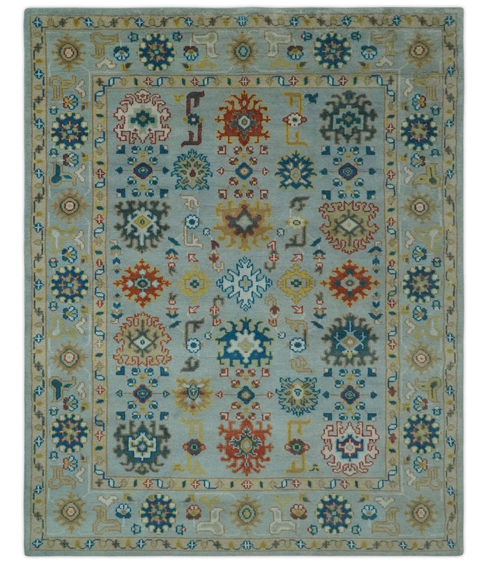 Vibrant Colorful Light Blue, Mustard, Brown and Blue Hand Knotted Traditional Oushak Multi Size wool Area Rug - The Rug Decor