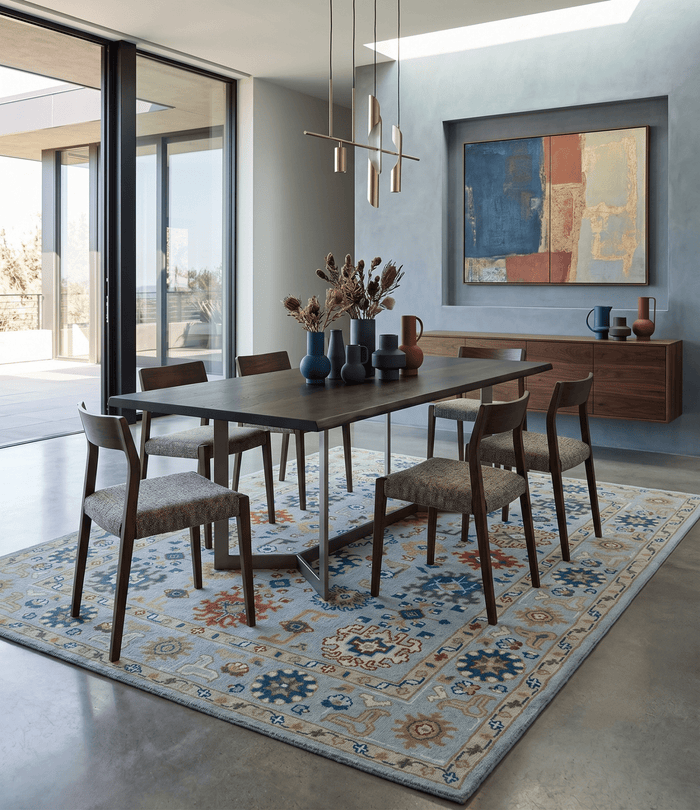Vibrant Colorful Light Blue, Mustard, Brown and Blue Hand Knotted Traditional Oushak Multi Size wool Area Rug - The Rug Decor
