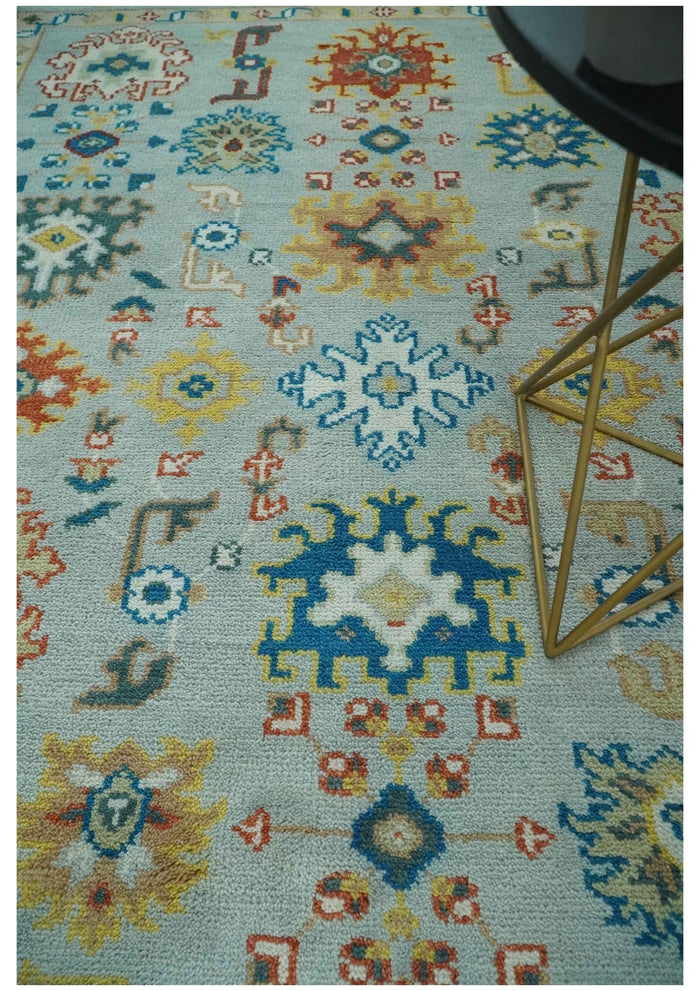 Vibrant Colorful Light Blue, Mustard, Brown and Blue Hand Knotted Traditional Oushak Multi Size wool Area Rug - The Rug Decor