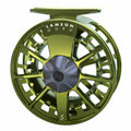 Chartreuse Lamson Guru S fly reel with scalloped edge dark grey drag knob