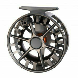 Titanium grey Lamson Guru S reel side profile showing copper internal hub