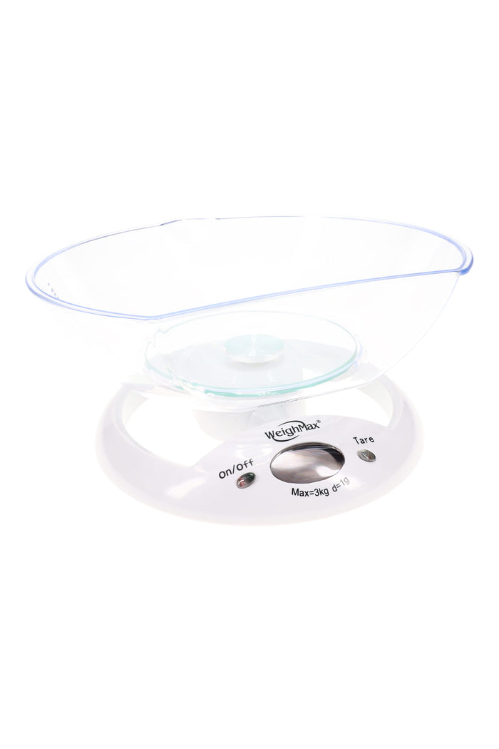 White WeighMax W-5800 kitchen scale featuring clear detachable bowl, LCD window, max 3 kg capacity with 1 g readability