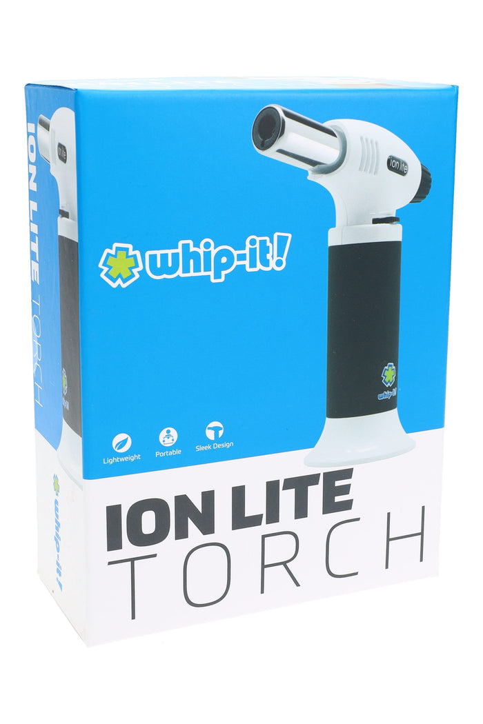 Ion Lite torch white body with black grip on box; sleek handheld dab torch emphasizing grip sleeve and nozzle.