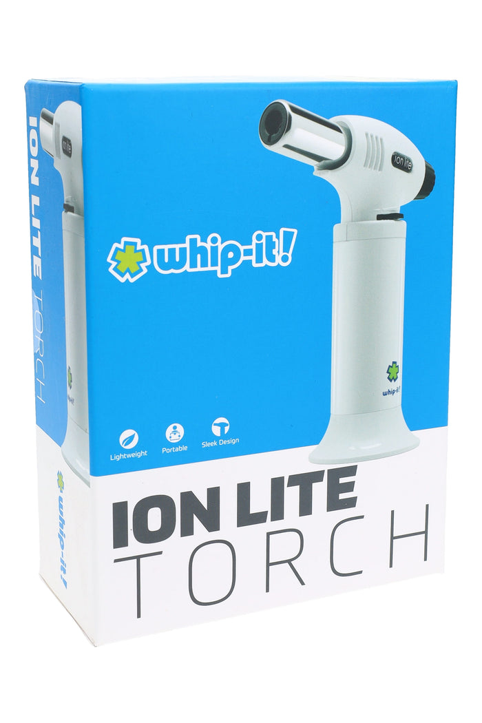 Ion Lite torch white model on packaging; compact table-top design with chrome burner, clean right-side view.